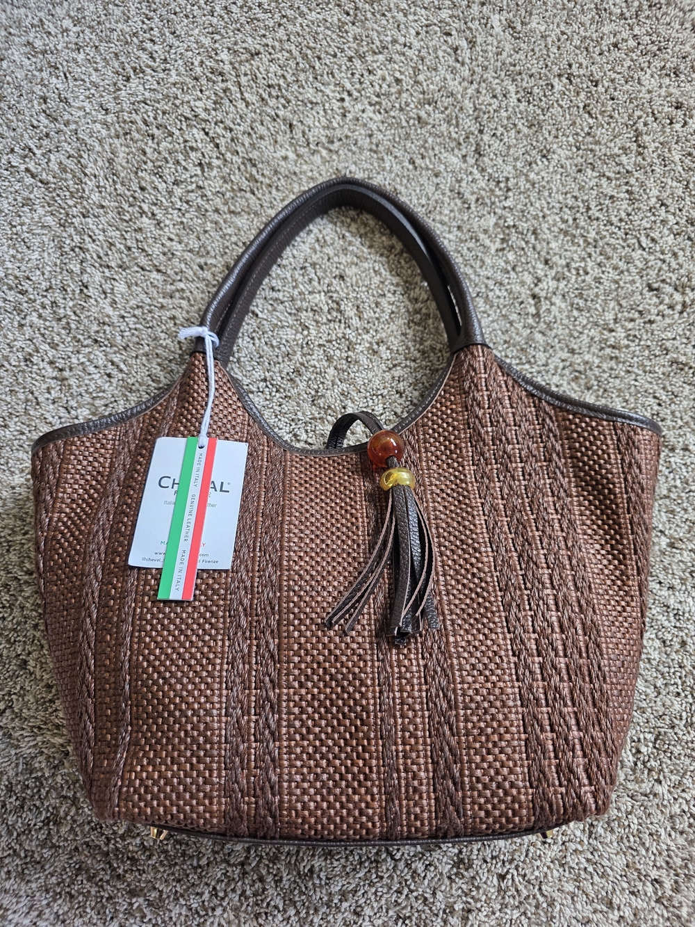 Woven Brown Tote Bag with Tassel Accent